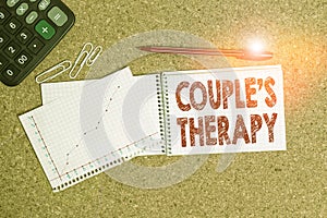 Word writing text Couple S Therapy. Business concept for treat relationship distress for individuals and couples Desk notebook