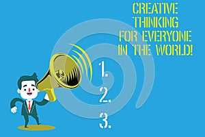 Word writing text Creative Thinking For Everyone In The World. Business concept for Spread creativity to others Man in Suit Earpad photo