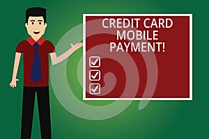 Word writing text Credit Card Mobile Payment. Business concept for Online purchasing ecommerce security pay Man with Tie