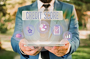 Word writing text Credit Score. Business concept for Represent the creditworthiness of an individual Lenders rating Male