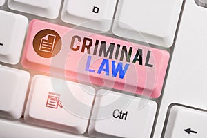 Word writing text Criminal Law. Business concept for legal system which relates to punishing those commits crime White