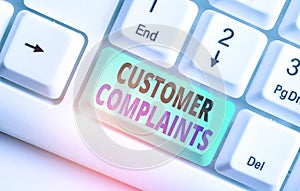 Word writing text Customer Complaints. Business concept for expression of dissatisfaction on a consumer s is behalf. photo