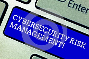 Word writing text Cybersecurity Risk Management. Business concept for Identifying threats and applying actions Keyboard