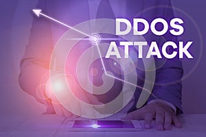 Word writing text Ddos Attack. Business concept for perpetrator seeks to make a network resource unavailable to user.