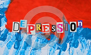 Word writing text Depression from cut letters on abstract strokes bright colorful  background. Headline , card of psychology .
