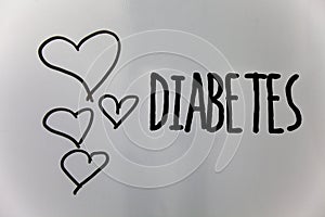 Word writing text Diabetes. Business concept for Chronic disease associated to high levels of sugar glucose in blood Hearts white