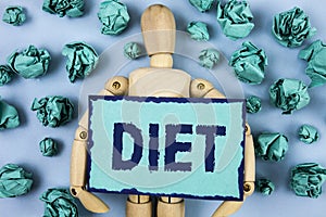 Word writing text Diet. Business concept for Dietitians create meal plans to adopt and maintain healthy eating written on Sticky n