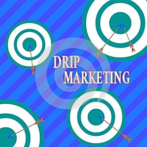 Word writing text Drip Marketing. Business concept for sending promotional pieces to current and potential clients Arrow