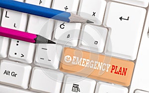 Word writing text Emergency Plan. Business concept for procedures for handling sudden or unexpected situations White pc