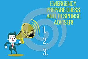 Word writing text Emergency Preparedness And Response Adviser. Business concept for Be prepared for emergencies Man in Suit Earpad photo