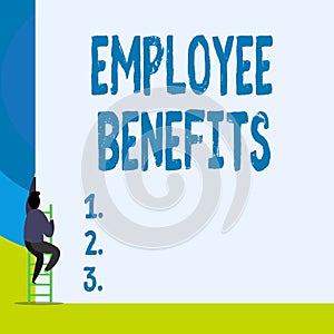 Word writing text Employee Benefits. Business concept for Indirect and noncash compensation paid to an employee Back photo