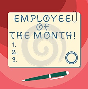 Word writing text Employee Of The Month. Business concept for Reward Prize recognition for hard good excellent job Blank