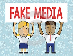 Word writing text Fake Media. Business concept for An formation held by brodcasters which we cannot rely on Two Smiling photo