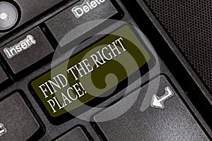 Word writing text Find The Right Place. Business concept for Searching for the ideal location to do something Keyboard