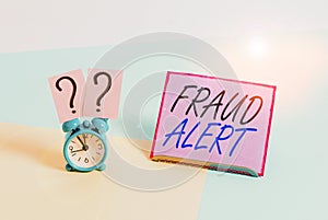 Word writing text Fraud Alert. Business concept for security alert placed on credit card account for stolen identity