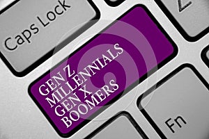 Word writing text Gen Z Millennials Gen X Boomers. Business concept for Generational differences Old Young people Keyboard purple