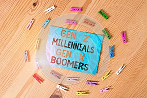 Word writing text Gen Z Millennials Gen X Boomers. Business concept for Generational differences Old Young showing