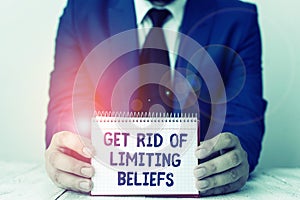 Word writing text Get Rid Of Limiting Beliefs. Business concept for remove negative beliefs and think positively Man photo