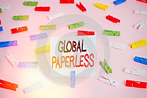 Word writing text Global Paperless. Business concept for going for technology methods like email instead of paper Colored