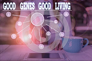 Word writing text Good Genes Good Living. Business concept for Inherited Genetic results in Longevity Healthy Life Woman photo