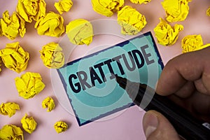 Word writing text Gratitude. Business concept for Quality of being thankful Appreciation Thankfulness Acknowledge written by Man o