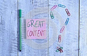 Word writing text Great Content. Business concept for Satisfaction Motivational Readable Applicable Originality Pastel