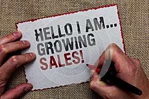 Word writing text Hello I Am... Growing Sales. Business concept for Making more money Selling larger quantities On jute ground hum