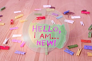 Word writing text Hello I Am New. Business concept for introducing oneself in a group as fresh worker or student Colored