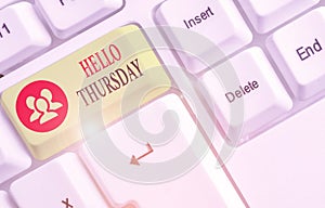 Word writing text Hello Thursday. Business concept for the greeting used to welcome the day after wednesday