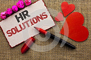 Word writing text Hr Solutions. Business concept for Recruitment Solution Consulting Management Solving Onboarding written on Card