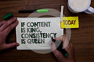 Word writing text If Content Is King, Consistency Is Queen. Business concept for Marketing strategies Persuasion Man holding marke