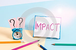 Word writing text Impact. Business concept for action of one object coming forcibly into contact with another Mini size alarm photo