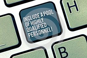 Word writing text Include A Pool Of Highly Qualified Personnel. Business concept for Hire excellent showing Keyboard key