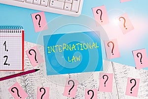 Word writing text International Law. Business concept for system of treaties and agreements between nations Writing tools,