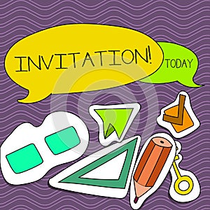 Word writing text Invitation. Business concept for Written or verbal request someone to go somewhere or do something Two