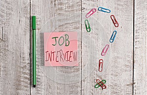 Word writing text Job Interview. Business concept for Assessment Questions Answers Hiring Employment Panel Pastel colour