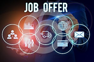 Word writing text Job Offer. Business concept for A peron or company that gives opurtunity for one s is employment Male