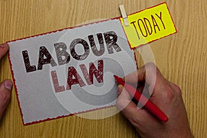 Word writing text Labour Law. Business concept for Rules implemented by the state between employers and employee Man holding marke