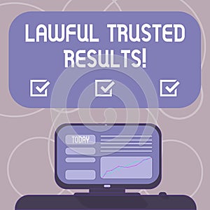 Word writing text Lawful Trusted Results. Business concept for Closing deal secure by legal contracts and agreement