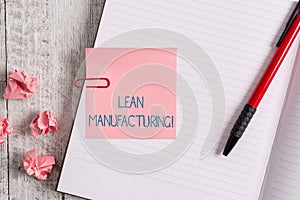 Word writing text Lean Manufacturing. Business concept for Waste Minimization without sacrificing productivity Thick