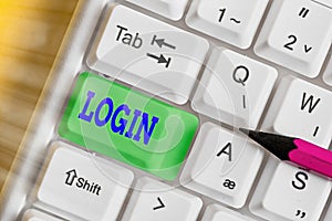 Word writing text Login. Business concept for Entering website Blog using username and password Registration