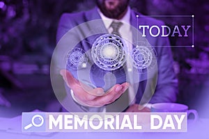 Word writing text Memorial Day. Business concept for remembering the military demonstratingnel who died in service Male