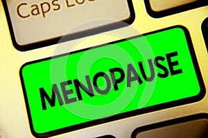 Word writing text Menopause. Business concept for Period of permanent cessation or end of menstruation cycle Keyboard green key In