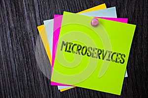 Word writing text Microservices. Business concept for Software development technique Decomposing an application Multiple sticky ca