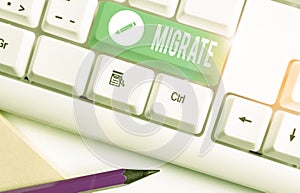 Word writing text Migrate. Business concept for to move or travel from one country place or locality to another