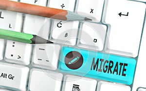 Word writing text Migrate. Business concept for to move or travel from one country place or locality to another