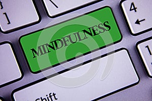 Word writing text Mindfulness. Business concept for Being Conscious Awareness Calm Accept thoughts and feelings written on Green K