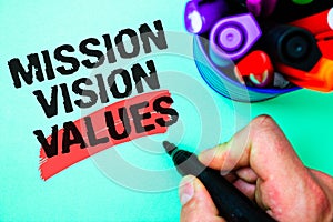 Word writing text Mission Vison Values. Business concept for planning for future improvement Career Right decisions Marker pen var