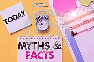 Word writing text Myths And Facts. Business concept for usually traditional story of ostensibly historical events photo