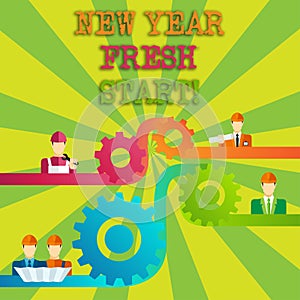 Word writing text New Year Fresh Start. Business concept for Time to follow resolutions reach out dream job Cog Gear